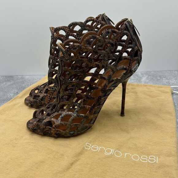 Sergio Rossi Womens Brown Animal Print Mermaid Pumps Size 38 Leather Peep Toe - Picture 2 of 13